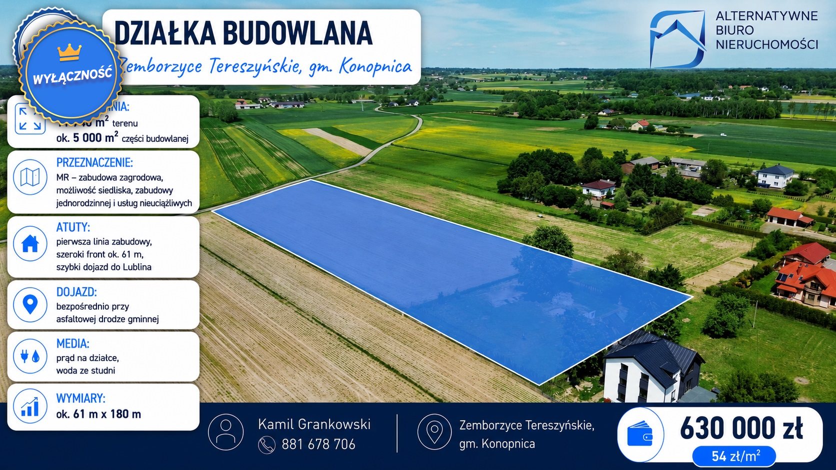 Działka budowlana i rolna 1,17 ha, Zemborzyce Tereszyńskie