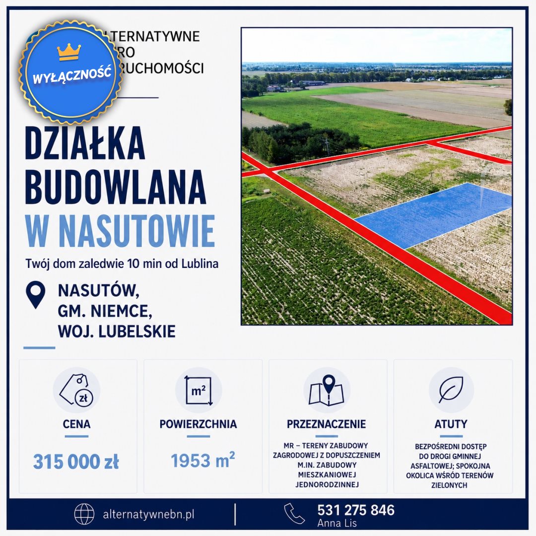Działka budowlana 1 952 m², Nasutów