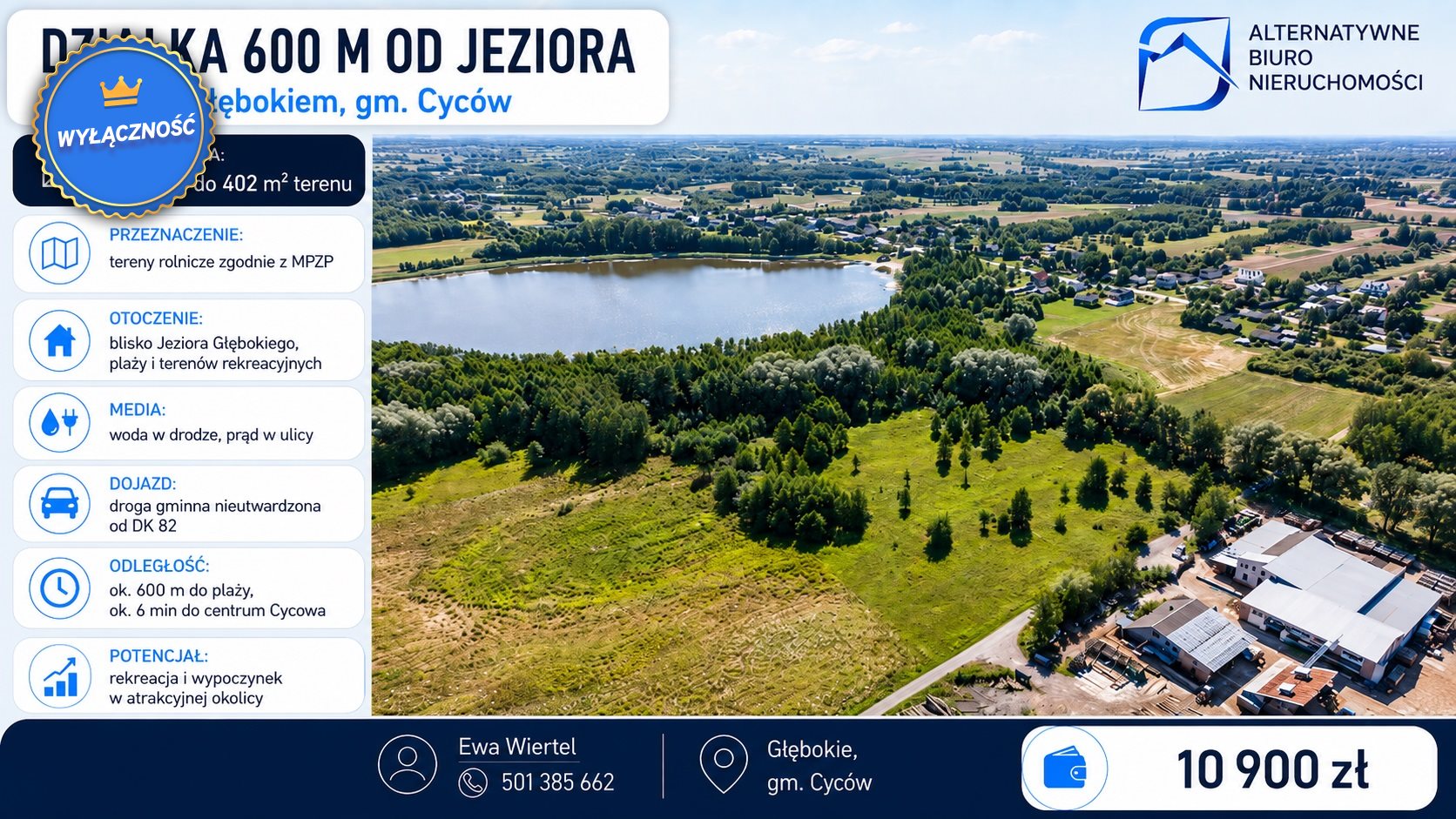 Głębokie | Działka 600 m od jeziora | 10 900 zł