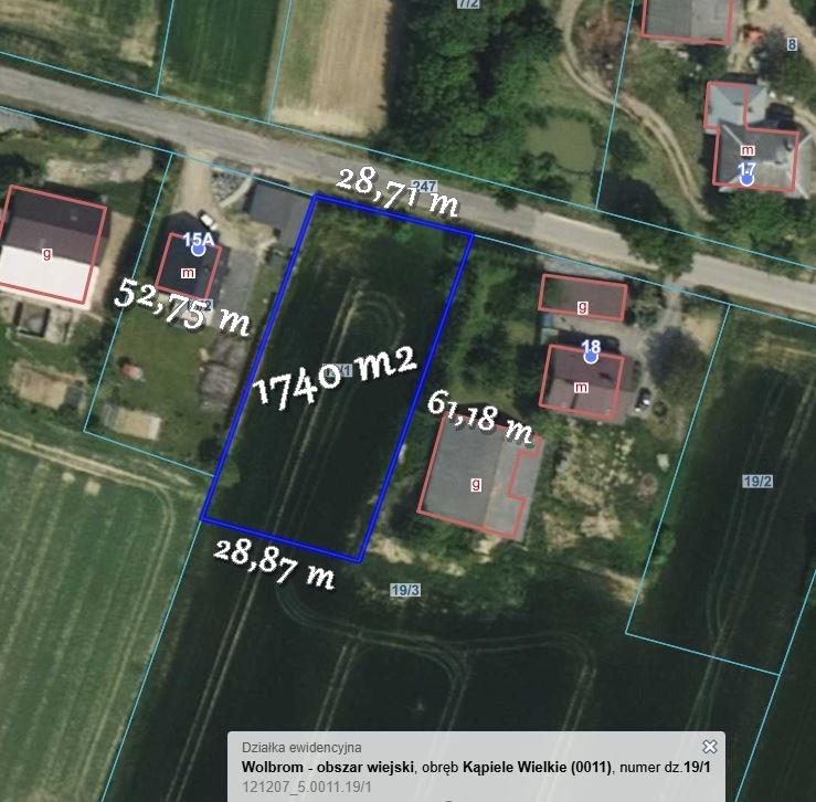 Działka budowlana 1 740 m², Kąpiele Wielkie