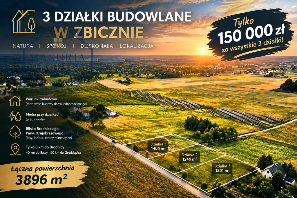 3 działki budowlane w Zbicznie – tylko 150 000 zł