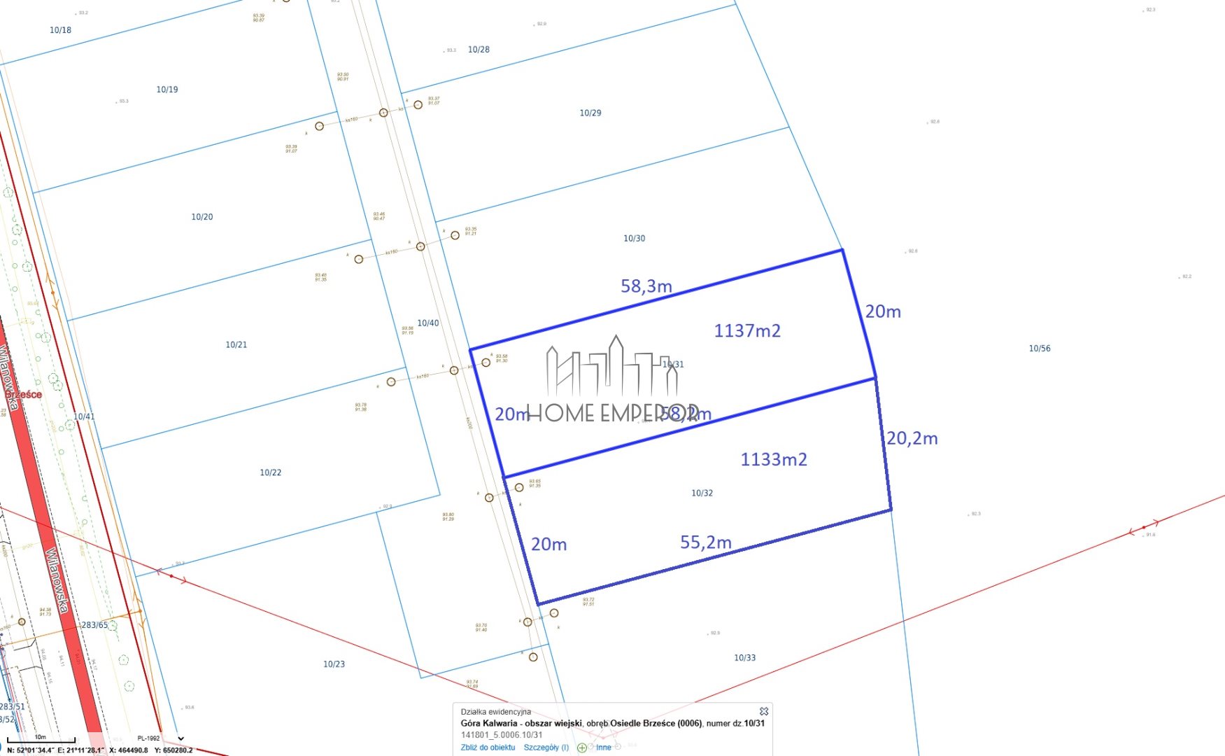 Działka budowlana 1 133 m², Brześce