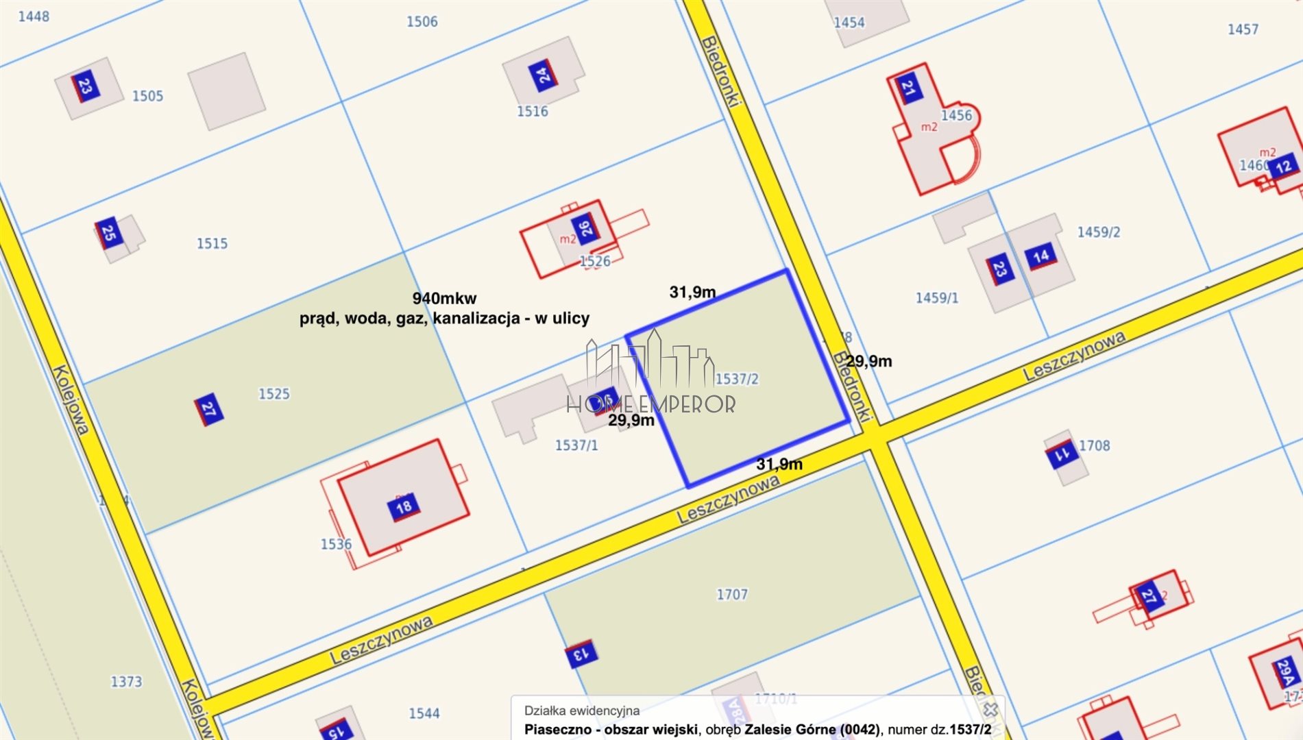 Działka budowlana 940 m², Zalesie Górne