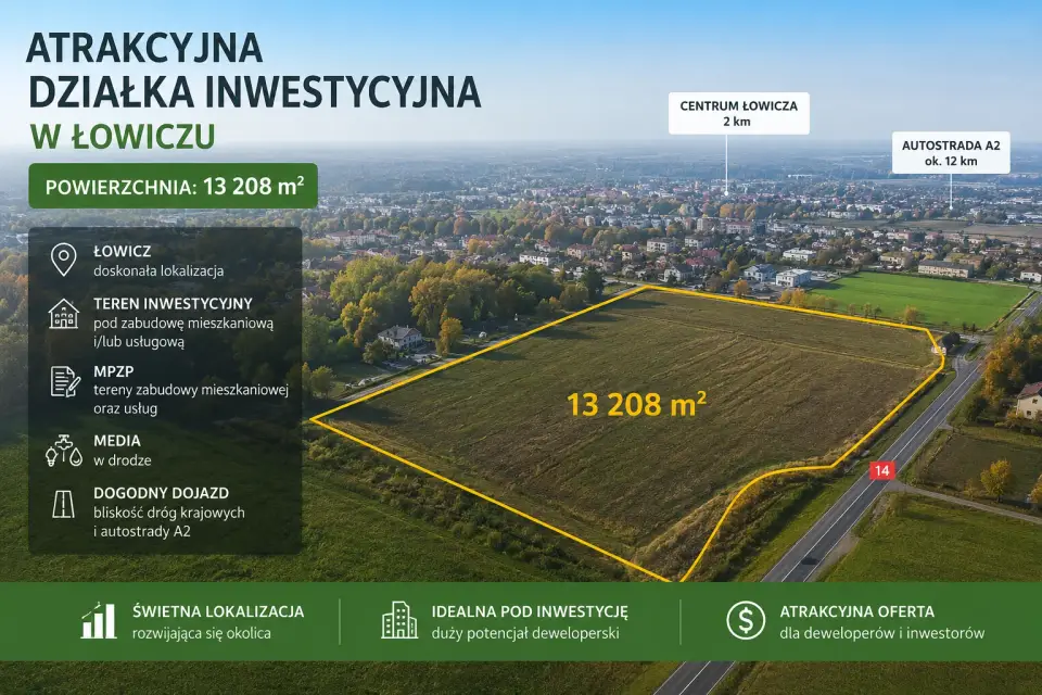 Działka budowlana i inwestycyjna 1,32 ha, Warszawska, Łowicz