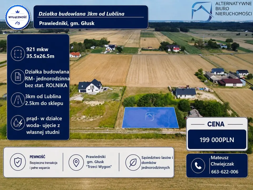 Działka budowlana 921 m², Prawiedniki