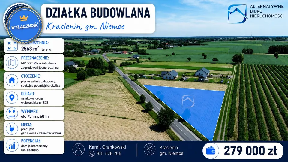 Działka budowlana 2 563 m², Krasienin