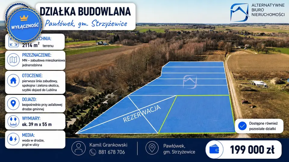 Działka budowlana 2 114 m², Pawłówek