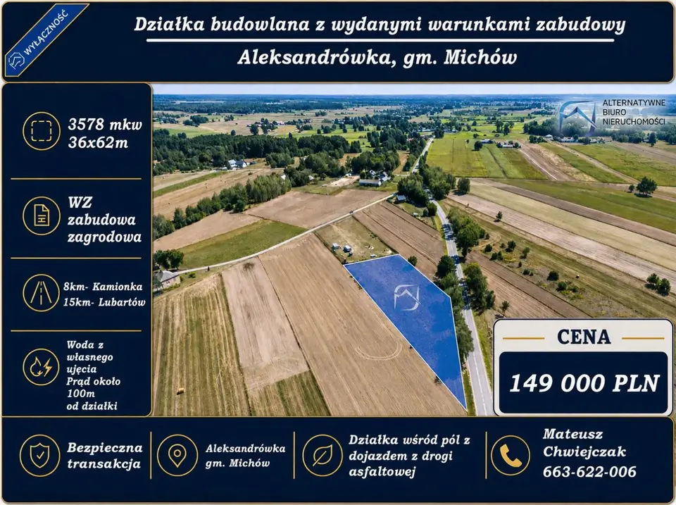 Działka budowlana 3 578 m², Aleksandrówka