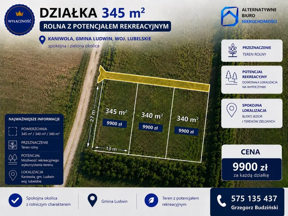 Działka rekreacyjna i rolna 345 m², Kaniwola