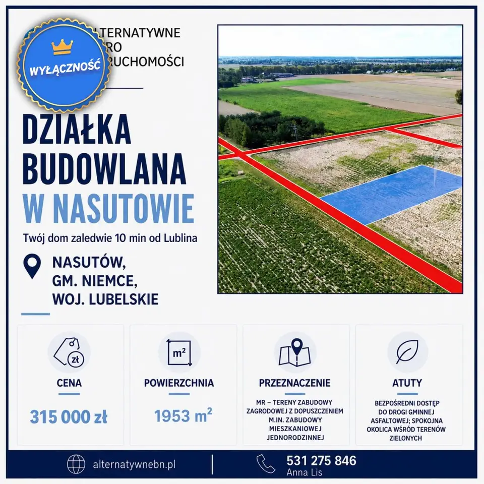 Działka budowlana 1 952 m², Nasutów