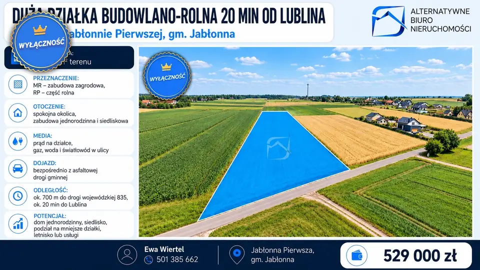 Działka budowlana i rolna 1,58 ha, Jabłonna Pierwsza