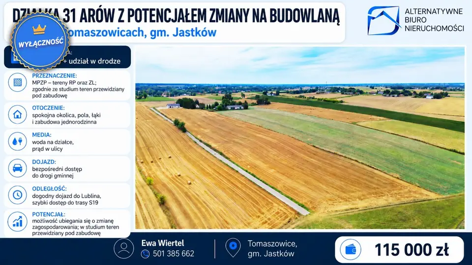 Działka inwestycyjna i rolna 3 180 m², Tomaszowice