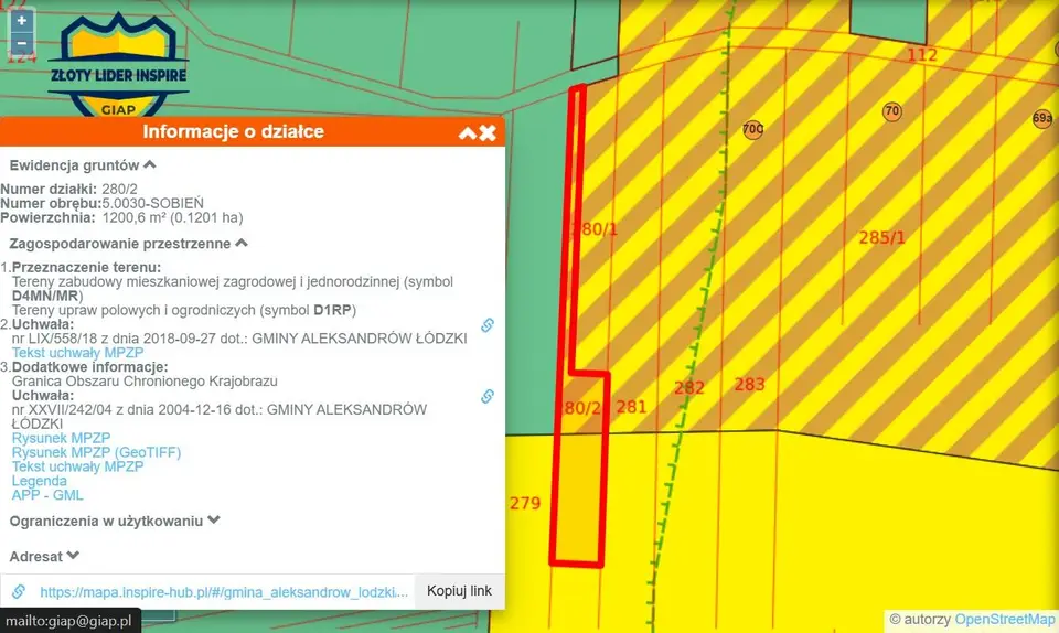 Działka budowlana 1 200 m², Sobień