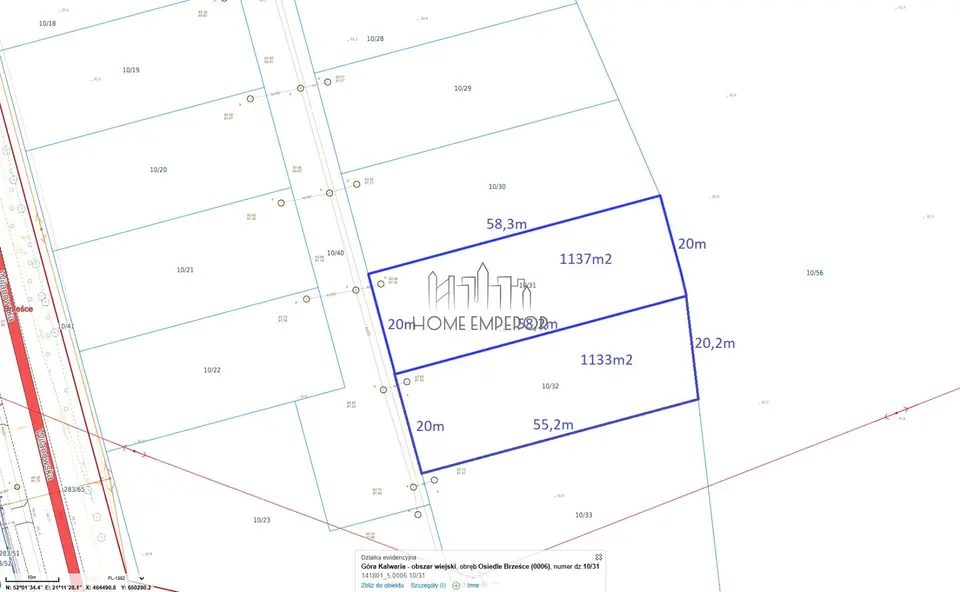 Działka budowlana 1 133 m², Brześce