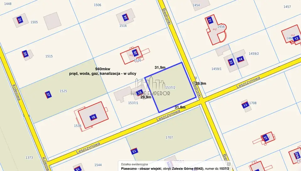 Działka budowlana 940 m², Zalesie Górne